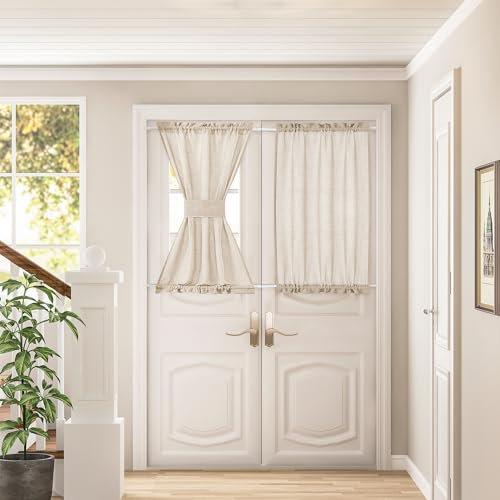 DUKIYO Linen Beige Sheer Curtains for Kitchen Window Bathroom French Door Curtains 2 Panels Dual Rod Pocket Semi Sheer Drapes for Glass Door with Tieback Privacy Light Filtering W25xL40