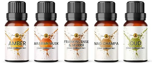 Mystical Fragrance Oil Set 5 x 10ml | for Diffuser Refill, Wax Melts, Candle Making, Soaps, Perfume | Amber, Arabian Musk, Frankincense & Myrrh, Nag Champa, Oud