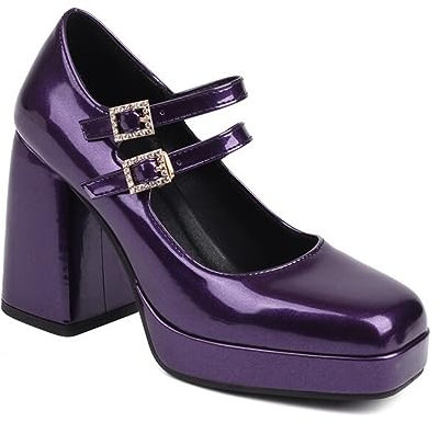 Escarpins à Talons Hauts Punk pour Femmes, Chaussures Mary-Janes, Chaussures à Talons brevetés de Grande Taille pour soirée dansante et Mariage,Violet,45 EU