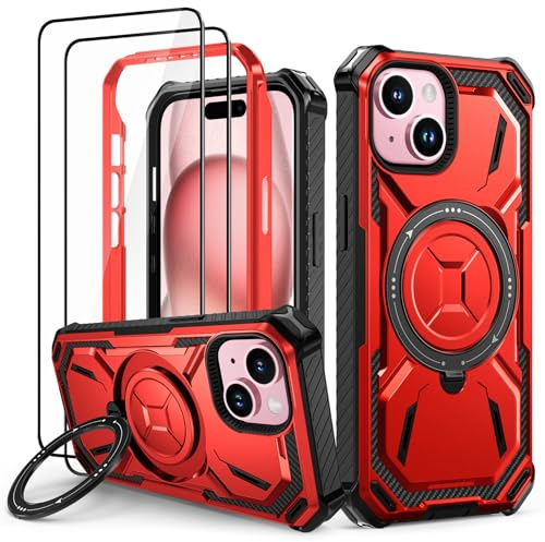 Lanhiem für iPhone 15 Hülle, 360° Ring Ständer, Stoßfest Armor, Rot | mit 2 Stück Schutzfolie, Robust Bumper Schutzhülle, Militärischer Panzerhülle, Kratzfest Handyhülle für iPhone 15 Case