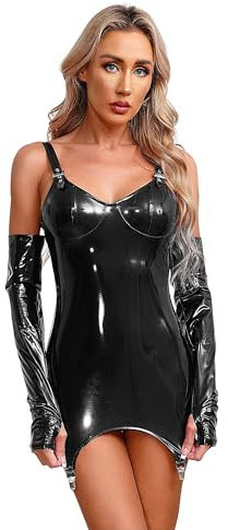 Agoky Damen Sexy Wetlook Bodycon Kleid Lack Leder Dessous Ärmellos Träger Minikleid Kurz mit Handschuhe Strumpfbändern Gogo Tanz Clubwear Schwarz N 5XL