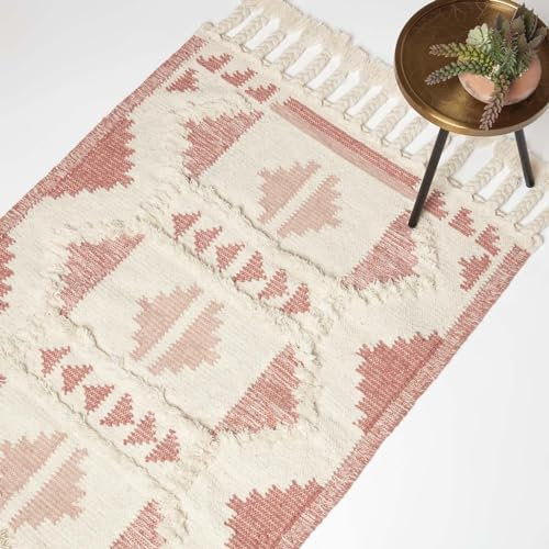 Homescapes Satara Kelim Teppich rosa 90x150 cm, Fransen-Teppich handgewebt, Quasten-Teppich Wolle