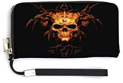 NLWQEKV Portefeuille en Cuir Unisexe avec tête de Mort en métal Lourd, Pochette de Grande capacité, Pochette pour téléphone, Porte-Carte de crédit avec dragonne