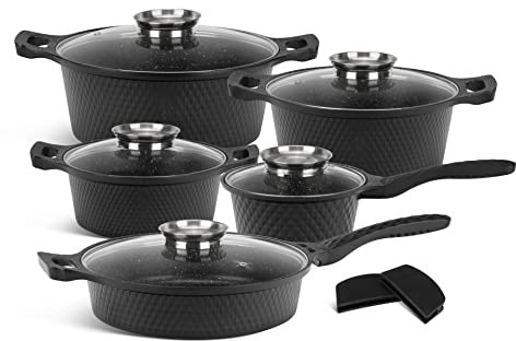 EDENBERG 12-teiliges Induktionstopfset, Induktionstopfset, Antihaftbeschichtung aus Keramikmarmor, PFOA-frei, kratzfest, Deckel aus gehärtetem Glas mit Dampfloch