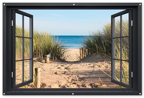 MuchoWow© Gartenposter Groß 180x120 cm XXL Outdoor Bilder Gartendeko für draußen Wetterfest Sichtschutz Garten Deko PVC Banner Draußen Bild Fensterblick - Strand - Meer - Sand - Wasser - Strandhafer -