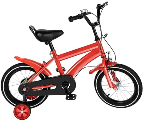 KEESUNG Kinderfahrrad 14 Zoll, Unisex Kinder Spielrad Rad Bike mit Rücktritt Stützräder, Lenkrad und Sattel, Höhenverstellbar Kinderfahrrad für 3-6 Jahre Kinder Trainingsfahrräder (Rot)