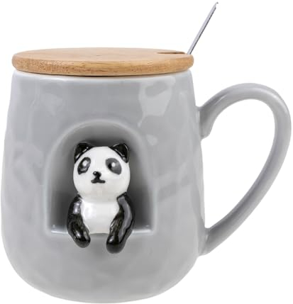 lachineuse - Tazza Panda - Relief 3D - Little Panda - Porcellana, Legno, Metallo - 380 ML - Con Coperchio e Cucchiaio - Tazza Caffè, Tè, Cioccolato, Cappuccino - Idea Regalo Originale