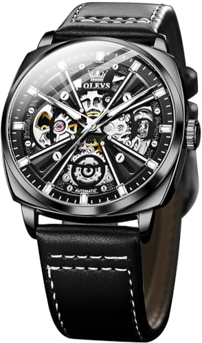 OLEVS Armbanduhr für Herren, automatische Skelettmechanik, selbstaufziehend, luxuriöses, stilvolles Lederband, G6685: Schwarzes Armband und schwarzes Zifferblatt, Modern