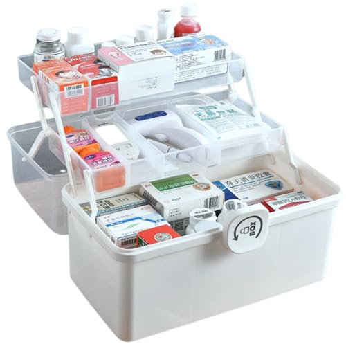 ZAXER - Boîte à médicaments à trois couches - Récipient portable - Kit de premiers soins - Pharmacie à domicile - Grand organisateur - Récipient à médicaments - Avec poignée de transport - Blanc - 34x