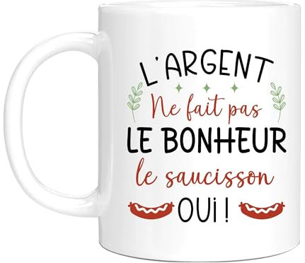 HALUMI Mug Humour Message - Tasse Originale Rigolo L'argent Ne Fait Pas Le Bonheur Le Saucisson Oui - Idée Cadeau Drôle Pour Homme Femme Couple Ami Collègue Noël - Mug Ceramique Bicolore 330ml 440ml