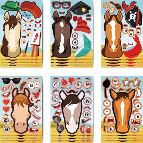 24 PCS Horse Make-a-face Sticker Sheets, Horse DIY Fantasy Animal Mix and Match Sticker for Children, Sticker Faces for Kids Party Bags Laptop Water Bottle, Kids Birthday Party Favor Supplies