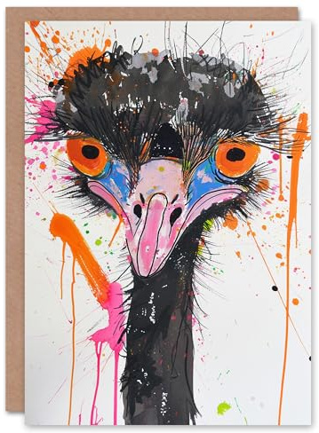 Artery8 Quirky Emu Bird Head Bright Abstract Painting Blank For Him Or Her Art Birthday Card