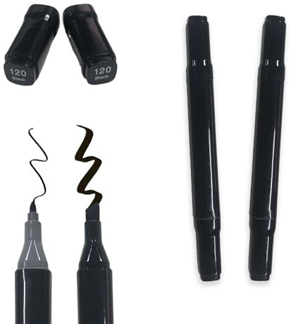 Vokiuler 2 Pack Black Alcohol Marker Pens, Felt-Tip Pen Chisel & Fine Odourless Permanent Markers Waterproof Quick Drying for Colouring Doodling on Cardboard Plastic Glass Wood Fabric, Code 120, Black