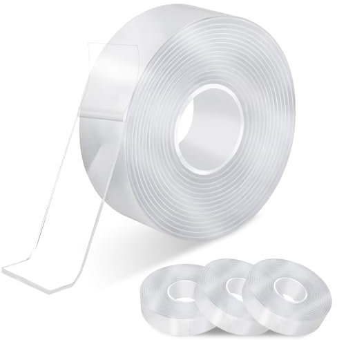 Cokshy Lot de 4 rouleaux de ruban adhésif double face extra fort - 30 mm - Transparent - Nano Tape - Ruban adhésif double face amovible - Pour bureau, cuisine, salle de bain - Pour photos, affiches,