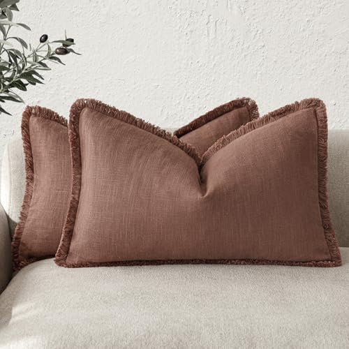 Foindtower Dekorative Leinen-Kissenbezüge im Boho-Stil mit Fransen, Landhaus-Kissenbezug mit Quasten, weich, für Couch, Sofa, Bett, Wohnzimmer, Inneneinrichtung, 2 Stück, 30,5 x 50,8 cm, Rostrot