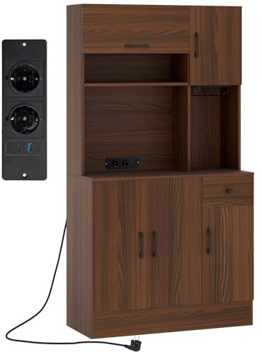 KOMFOTTEU 167cm Aparador de Cocina con Estación de Carga, Armario Buffet con 5 Puertas, Cajón, Estantes Abiertos, Alacena Alta con Estante Ajustable, para Comedor, Sala de Estar, Pasillo (Nogal)