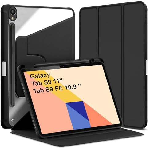 World biz Rotating Case for Samsung Galaxy S9 FE 10.9 inch/ S9 11 inch 2023 with S Pen Holder, 360 Degree Rotation Protective Trifold Stand Cover Clear, Auto Wake/Sleep (Black)