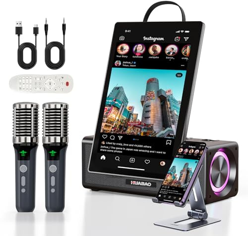 HUABAO Tragbare Karaoke-Maschine mit 14,1-Zoll-HD-Drehbildschirm, kabelloser Bildschirmspiegelung für Android und iOS, Bluetooth-Party-Lautsprecher mit Liedtextanzeige und Beleuchtung, 2 Mikrofone