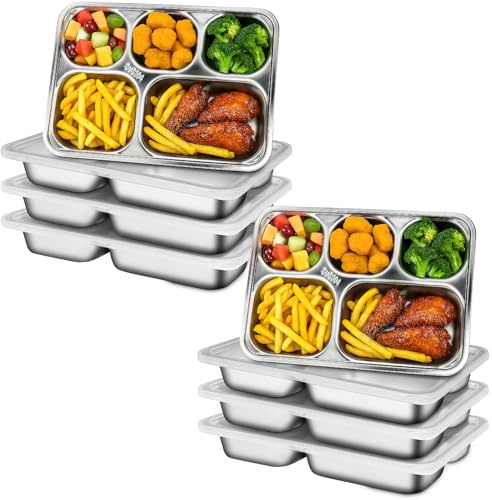 RWFMO 8 Pack Stainless Steel Divided Dinner Plates, 5 Compartment Metal Lunch Tray with Lid, Divided Food Plates for Home School Camping Cafeteria (26 x 18 x 4 cm)