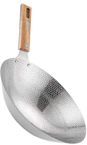 DIYEAH Wok Acier Inoxydable Traditionnel avec Poignée Bois Poêle Antiadhésive Résistante Batterie de Cuisine Inox pour Cuisinière Gaz et Induction