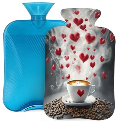Hot Water Bottle with Soft Cover, Coffee Cup Coffee Beans Heart Valentine's Day Theme 2 Liter Hot Water Bag for Pain Relief, Hand Feet Warmer