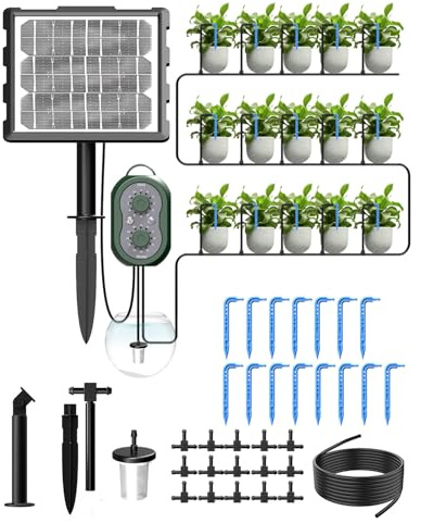 MYMULIKE Sistema di irrigazione solare con doppia carica solare e USB, sistema di irrigazione a goccia automatico da 15 m, con 12 modalità e timer, irrigazione per piante in vaso, giardino, balcone