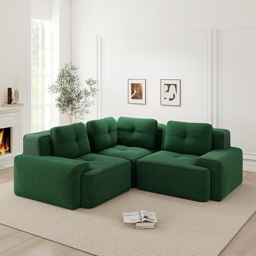 Taikonaut Modulares Sofa, Ecksofa aus Cord, rahmenloses Sofa in Grün, Tiefsitzsofa mit 74 cm Sitztiefe, 32D-Schaumstoff, breite Armlehnen, Rutschfester Standfuß, Keine Montage erforderlich