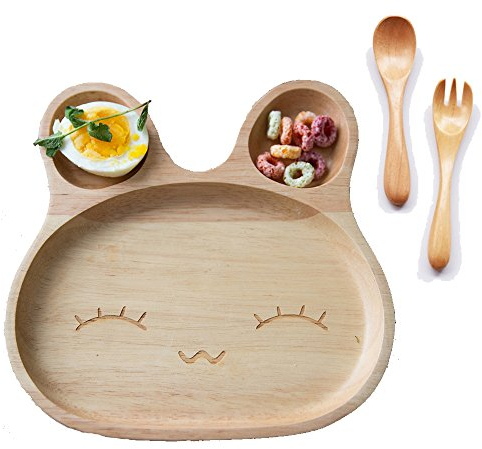 TAMUME Assiettes Plates en Bois pour Enfants, Plateau à Vaisselle avec 3 Compartiments (Sourire)