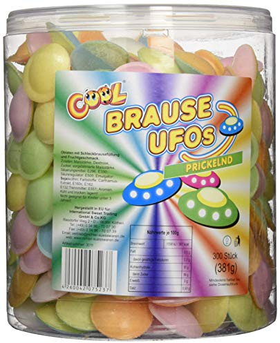 COOL Brause Ufos, 300 prickelnde Brause Ufos, kunterbunt aus Esspapier, kultige Retro-Süßigkeit für Kindergeburtstage, Frischhaltedose wiederverschließbar (1 x 381 g)