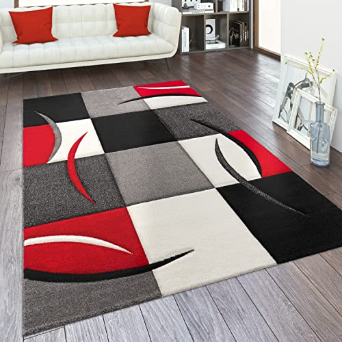 Paco Home Teppich Wohnzimmer Kurzflor Schlafzimmer Modern Geometrisches Muster Kariert Meliert, Grösse:80x150 cm, Farbe:Rot