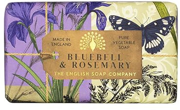 The English Soap Company Anniversary Wrapped Soap Bar, Bluebell Shea Butter Soap Bar, Moisturising Soap Bar for Face and Body, Bluebell and Rosemary Scent 190g