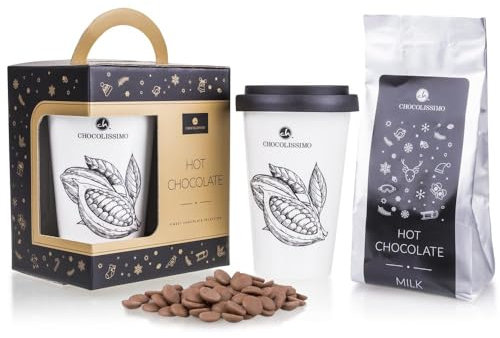 CHOCOLISSIMO - Schokolade Geschenk Set - Schokodrops mit Becher - Trinkschokolade Vollmilch zum Selbermachen - Geschenkidee Geburtstag, Weihnachten, Valentinstag, Muttertag, Mann, Frau, Mama, Papa
