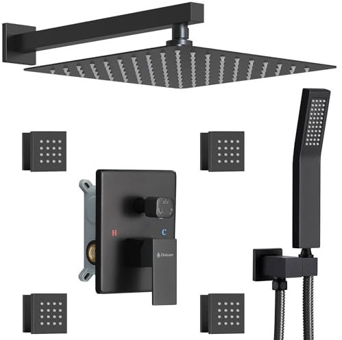 Full Body Rain Shower System with 4 Body Shower Jets & 12’’ Wall Mount Rainfall Shower Head & Handheld, DASAN Multi Shower Head System Matte Black Rain Shower Faucets sets Combo with Rough-in Valve