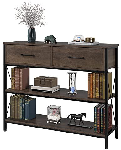 HITHOS Consolle industriale con cassetti, tavolo vintage da corridoio con ripiani portaoggetti, tavolo da ingresso stretto e lungo divano per soggiorno, marrone scuro