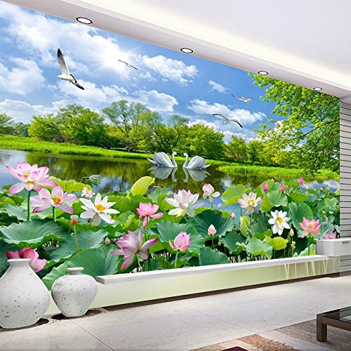 Abnehmbaren Durchbrechen Die Mauer Wandsticker Chinesischer Stil Fototapete 3D Schwanensee Lotusteich Wandbild Wohnzimmer Tv Sofa Hintergrund Wandmalerei 3D,200 X 140Cm Moderne Wanddeko Wohnzimmer S