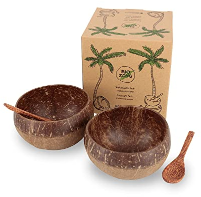 BIOZOYG Set de 2 cuencos de cáscara de coco con cucharas I Jumbo Bowl I 700-800 ml I 100% artesanal I reutilizable I biodegradable I cuenco de cáscara de coco con grabado en estilo boho
