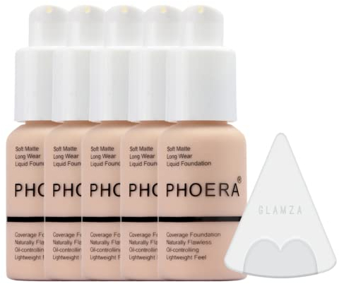Glamza Phoera Foundation Kit de maquillage à couverture complète – Contrôle de l'huile longue durée 24 heures – Crème anticernes douce et lisse – 5 fonds de teint 30 ml et éponge en silicone (101