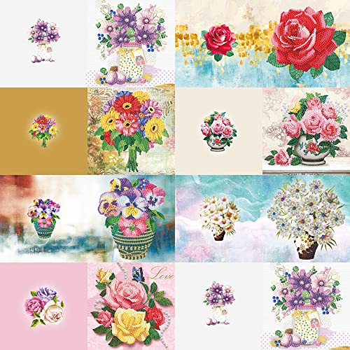 ycyingcheng 5D-Diamant-Gemälde-Grußkarten, Rose Gänseblümchen-Vase Strass-Stickerei Kunsthandwerk Dankeskarte Erntedankgeschenk, DIY-Diamant-Gemälde Weihnachtskarten, 8 Stück