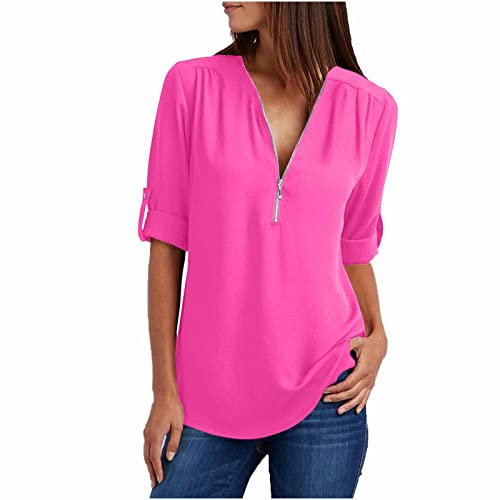 Susenstone Chemisier Femme Longue Chic Tunique Grand Taille Chemisier Top Zip Col V Sexy Blouse Couleur Unie Femme Haut Femme Élégant Shirt Femme Casual Lâche Manche Longue Rose Vif 4XL