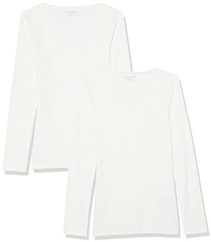 Amazon Essentials Women's Slim-Fit Layering Long-Sleeve Knit Rib V-Neck Shirts (Available in Plus Size), Pack of 2, White, 5XL Plus