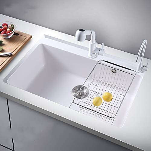 White Quartz Stone Sink with Faucet, Kitchen Sink Basket Kitchen Single Bowl Undermount Above Counter Kitchen Sinks Tap (5043D)