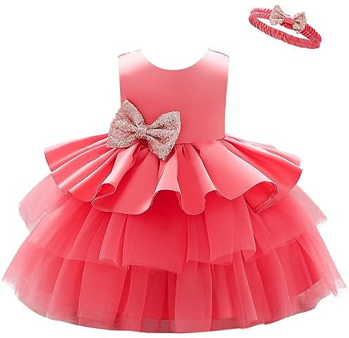 Lito Angels Robe Demoiselle d'honneur Ceremonie Mariage avec Bandeau pour Enfant Filles Taille 2-3 Ans, Rouge Corail (étiquette en Tissu 90)