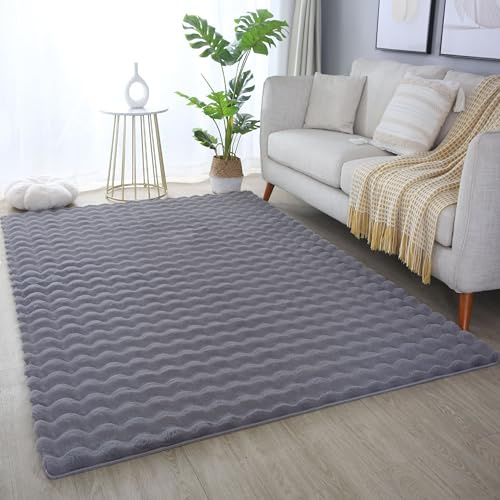 HomebyHome Teppich 140x200 cm Grau, Flauschiger Teppich in Felloptik mit Hoch-Tief Struktur & Bubble-Design, Super Weich, Plüschig, Ideal für Wohnzimmer & Schlafzimmer
