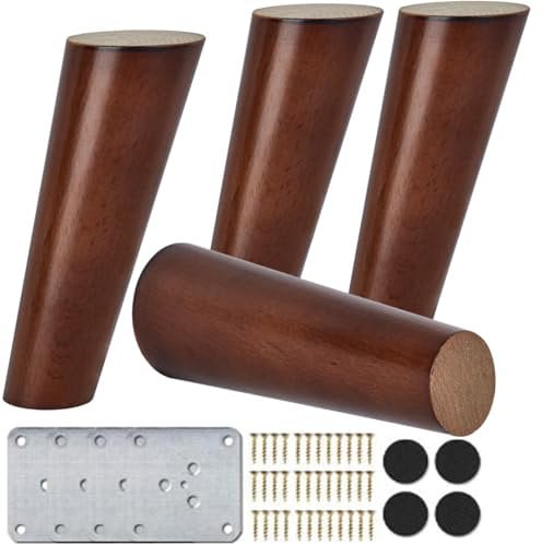 Btowin VCF 4 Inch / 10cm Solid Wood Round Furniture Legs, 4Pcs Mid-Century Modern Oblique Tapered Walnut DIY Replacement Feet with & Mounting Plate & Screws for Sofa Armchair Cabinet TV Stand
