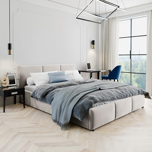 Home Collective Bett 140x200 cm Doppelbett Polsterbett Bettgestell mit Lattenrost aus Metall, hydraulischer Bettkasten, Samtbezug in beige, viel Stauraum, modern & pflegeleicht