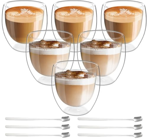 Lot de 6 Tasses à Expresso à Double Paroi 80 ml Avec Cuillères - Pour Cappuccino, Café, Café Glacé