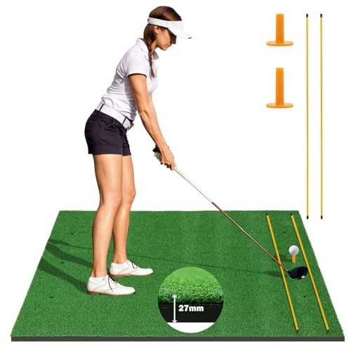 SPOTRAVEL 5 x4FT Golf Practice Mat, Artificial Golf Hitting Mat with 2 Rubber Tees & 2 Alignment Sticks, Portable Chipping Mat for Pros & Beginners, 152 x 117cm (27mm Thickness)