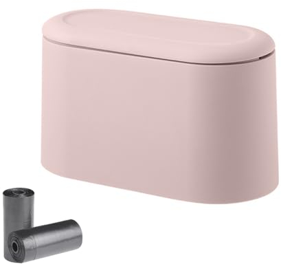 Taasmoog Tischmülleimer mit Aufpoppen Deckel, 2L Mini Mülleimer Klein Kleiner Ovaler Abfalleimer für den Waschtisch (Rosa)