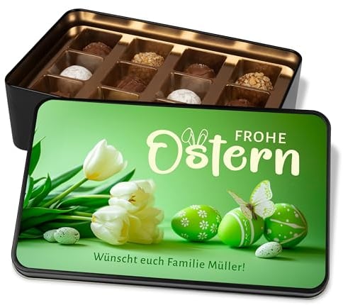 Personalisierte Schokolade zu Ostern - Dein Ostergeschenk „Frohe Ostern“ – Geschenk zu Ostern - Ostergeschenke Ostereier & Tulpen - Geschenkdose mit 12 Confiserie-Pralinen