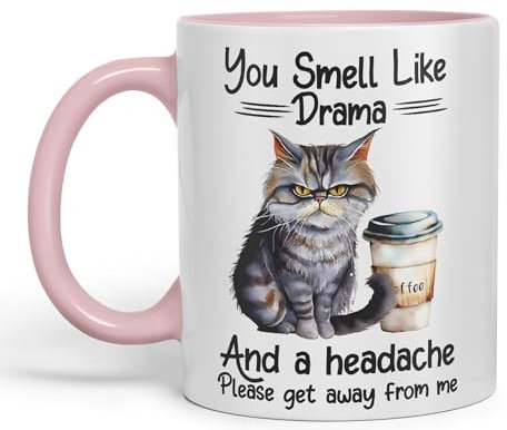 Vixar You Smell Like Drama and a Headache Cat Sarcastic Joke Ceramic Coloured Mug Cup for Tea Coffee Hot Brew 330ml 11Oz (Pink)
